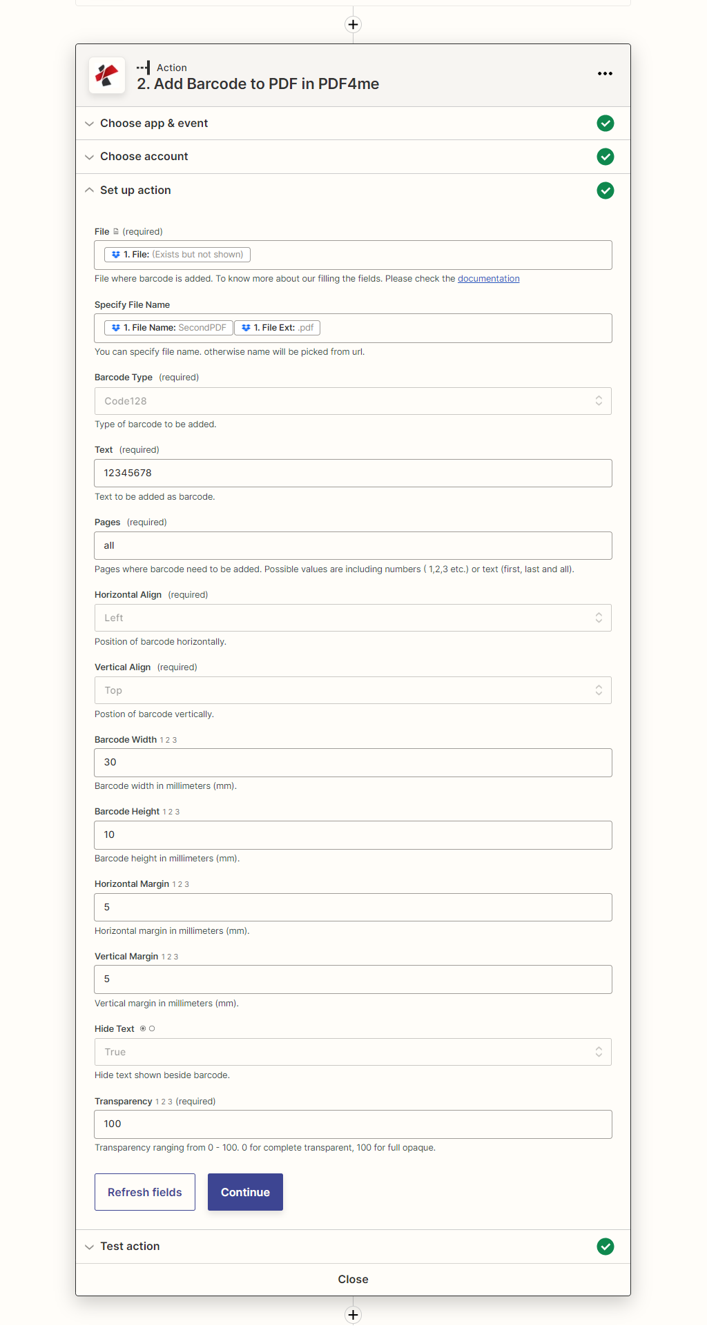 Acción PDF4me Add Barcode