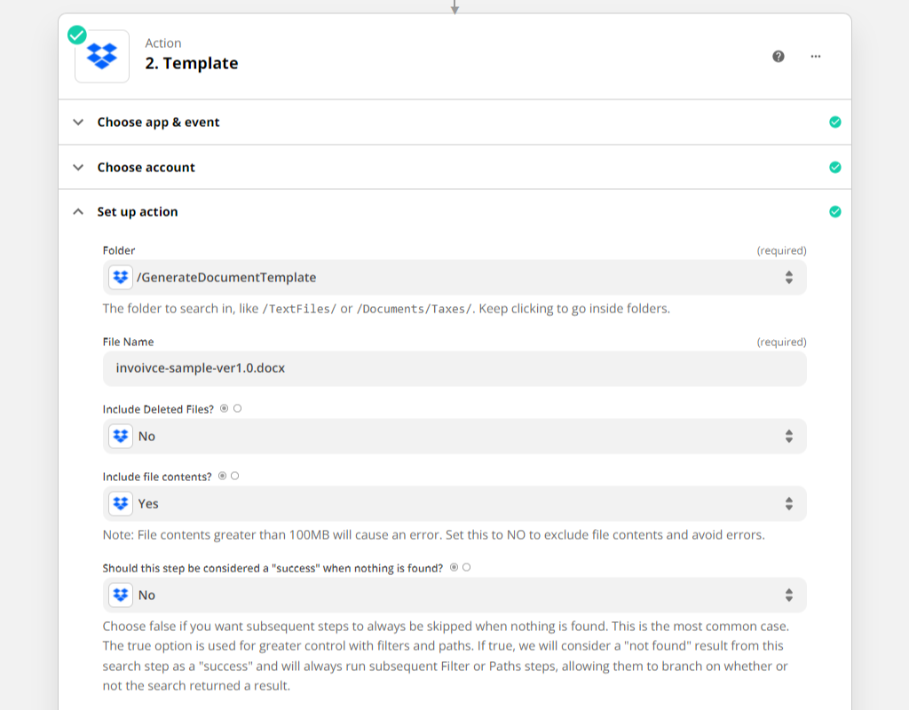 Posta birleştirme Zap için Dropbox'tan şablon alınıyor