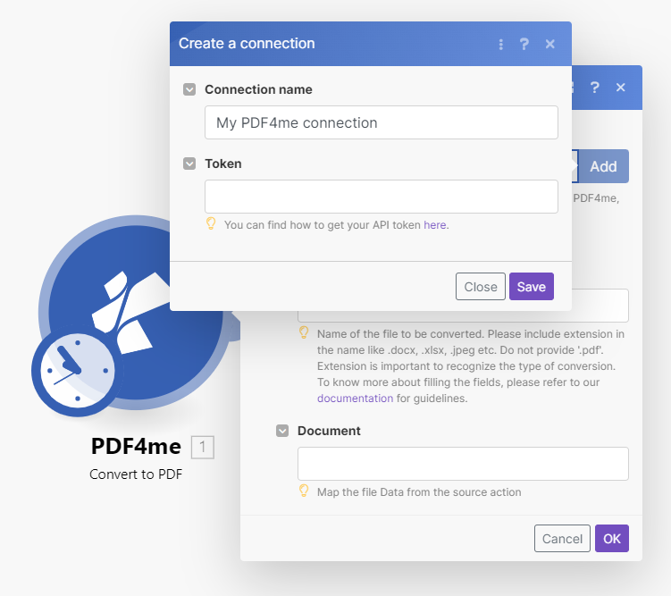 Crea un pop-up per aggiungere la chiave PDF4me