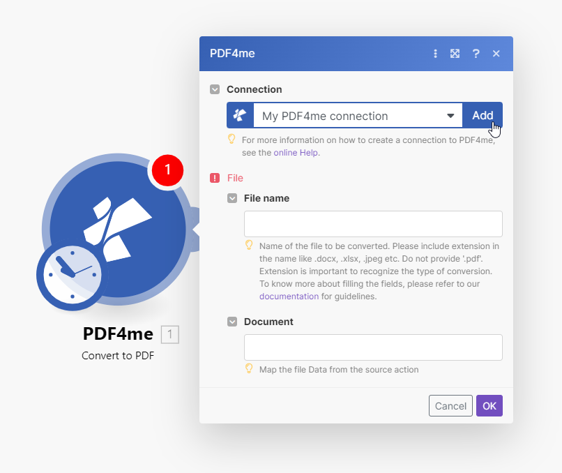 Seleziona un'azione per aggiungere un modulo PDF4me