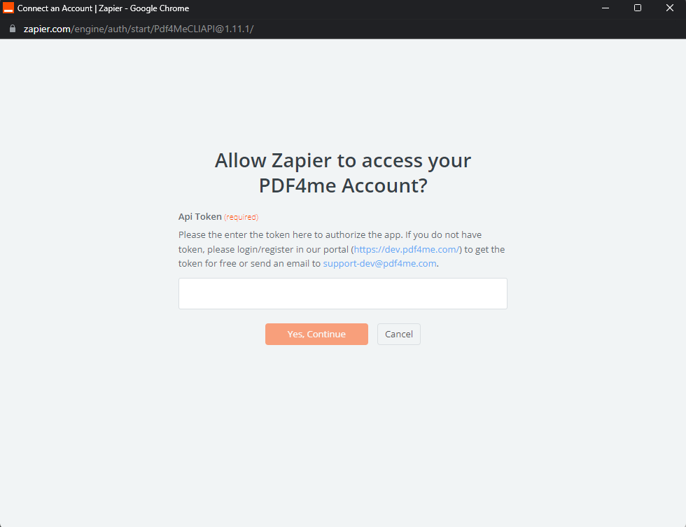 Finestra Zapier per autorizzare PDF4me