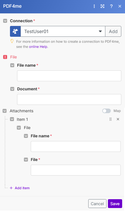 Modul Anhänge zu PDF in Make hinzufügen