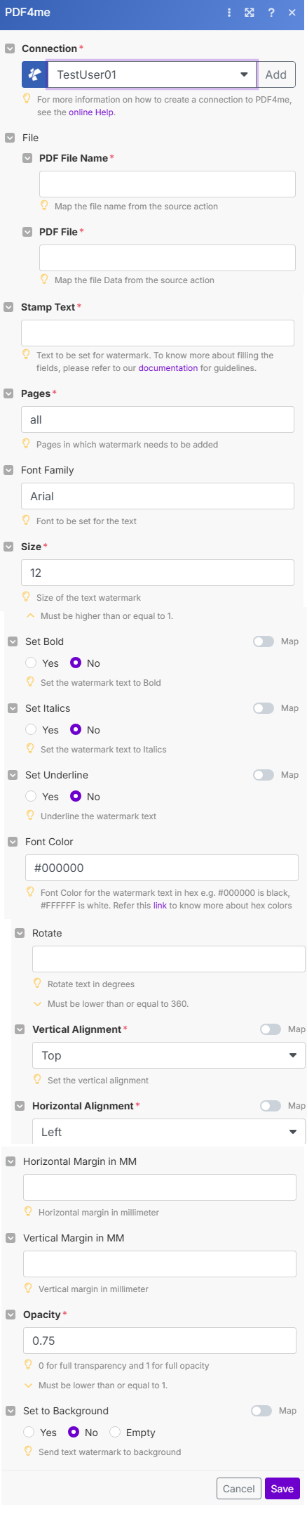 Add Text Watermark To PDF Modul in Make