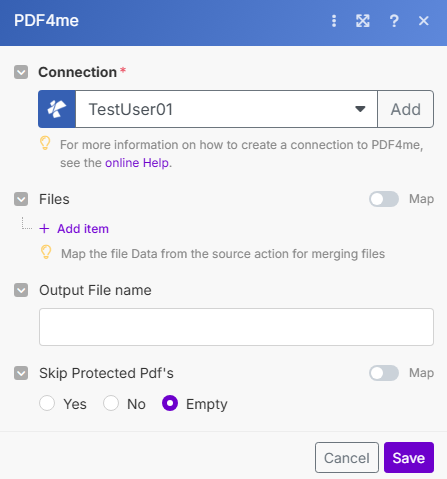 Mehrere PDFs zusammenführen-Modul in Make