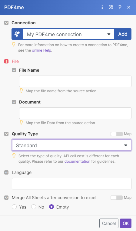 PDF zu Excel-Modul in Make