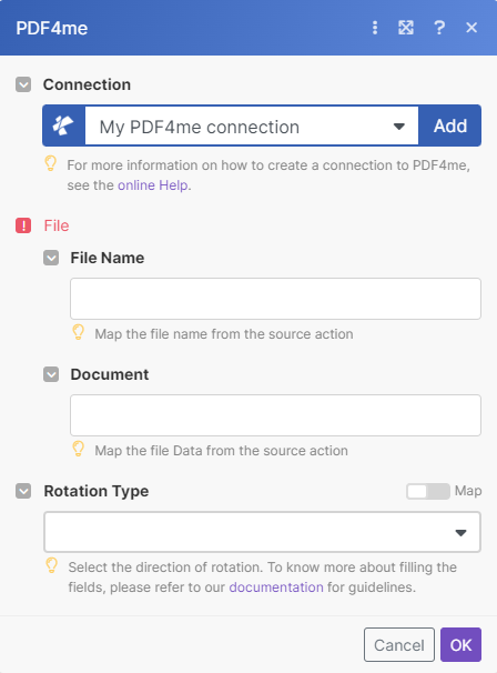 Einzelne Seite in PDF-Modul in Make drehen