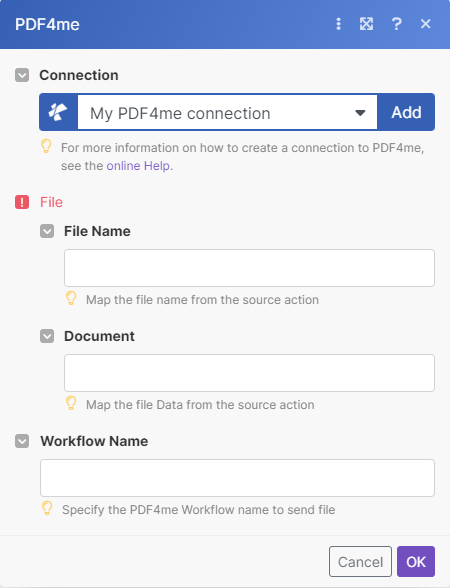 Dokument an PDF4me-Workflow-Modul in Make senden