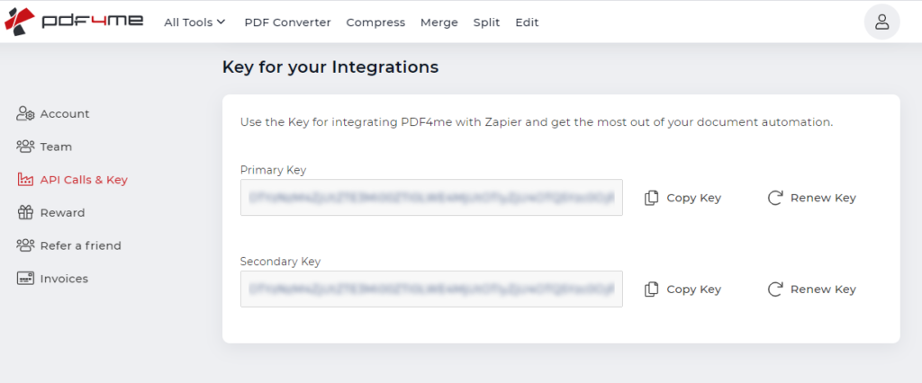 Interface du tableau de bord de clé API PDF4me