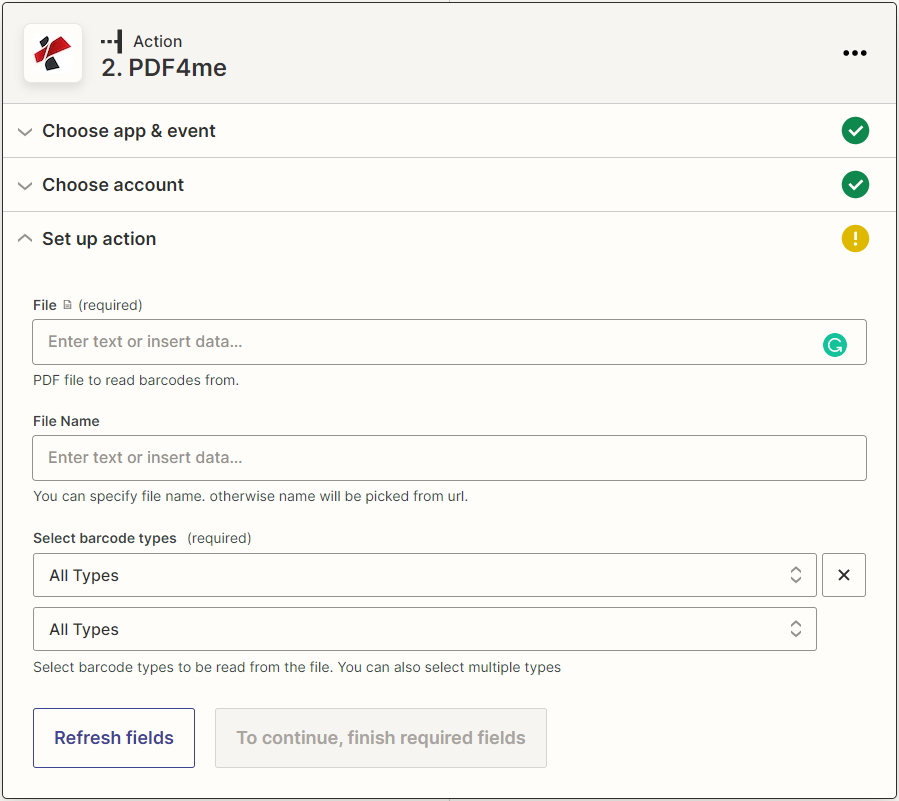 Ação Ler códigos de barras Zapier