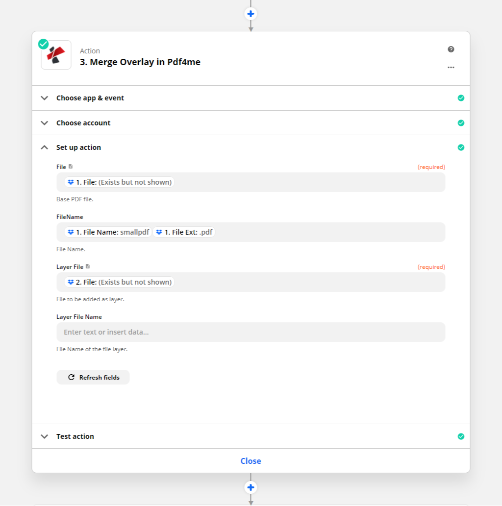 Ação de mesclagem de sobreposição PDF no Zapier
