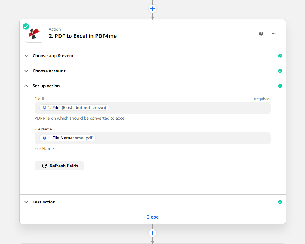 Ação PDF para Excel no Zapier