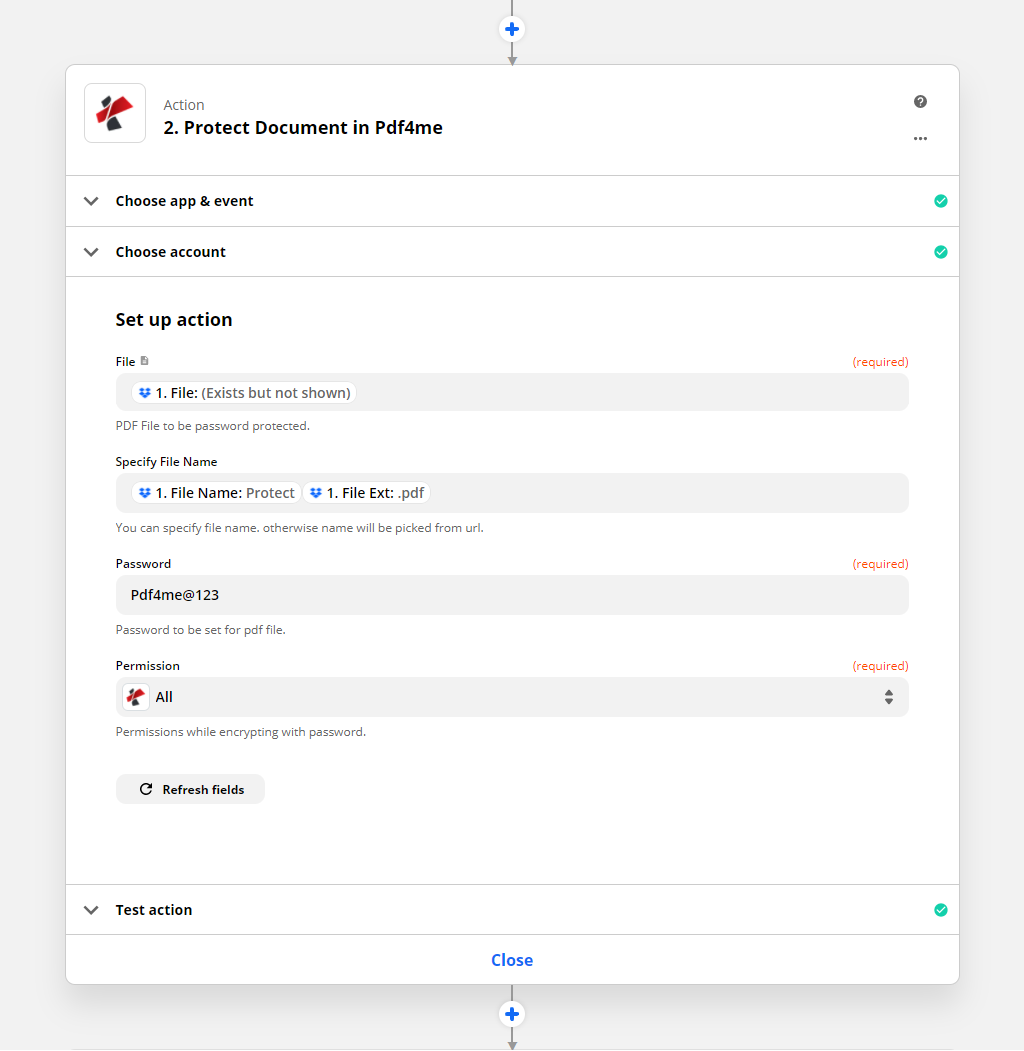Ação Proteger PDF no Zapier