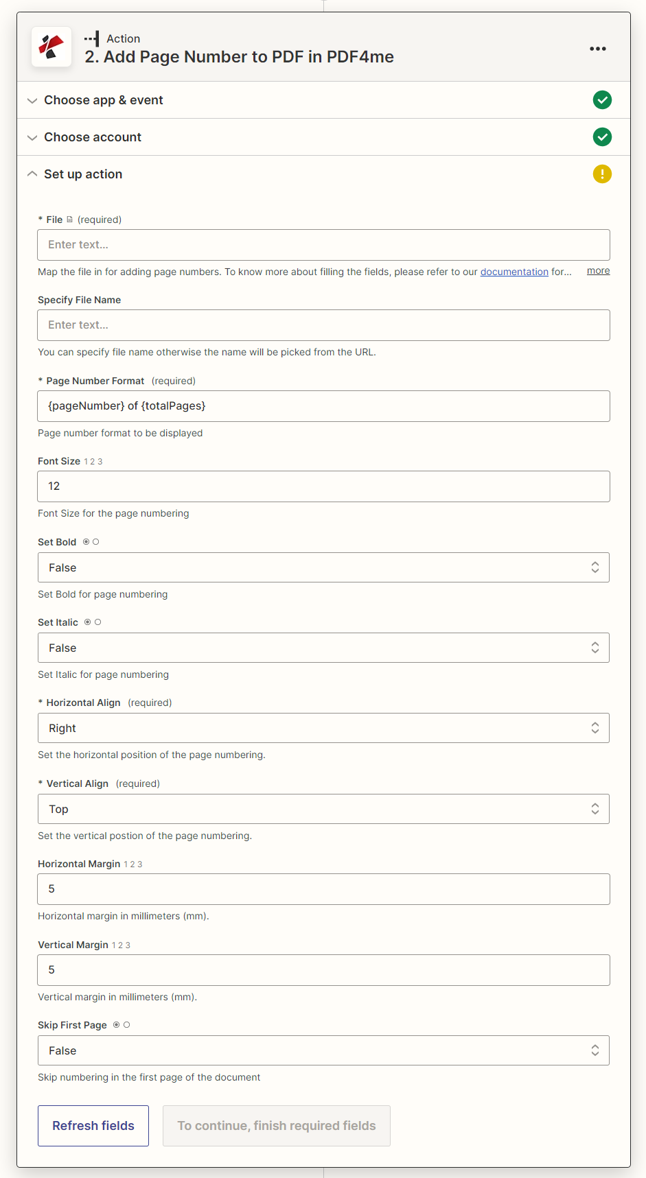 Adicionar número de página à ação PDF no Zapier
