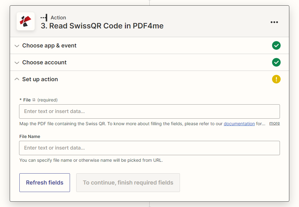 Ação de leitura Swiss QR no Zapier