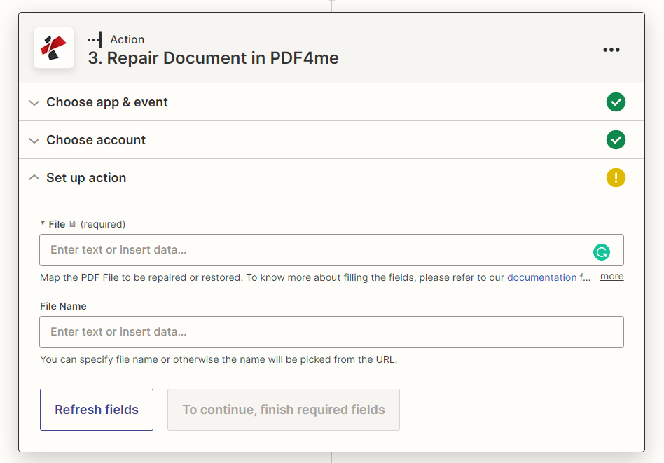 Ação de reparação PDF no Zapier