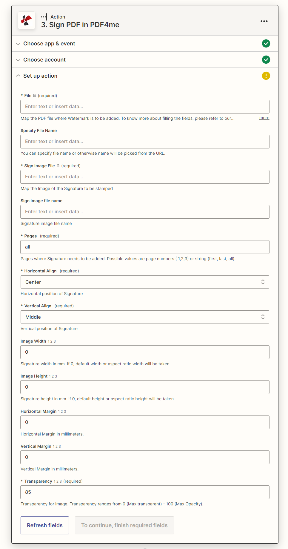 Ação Assinar PDF no Zapier