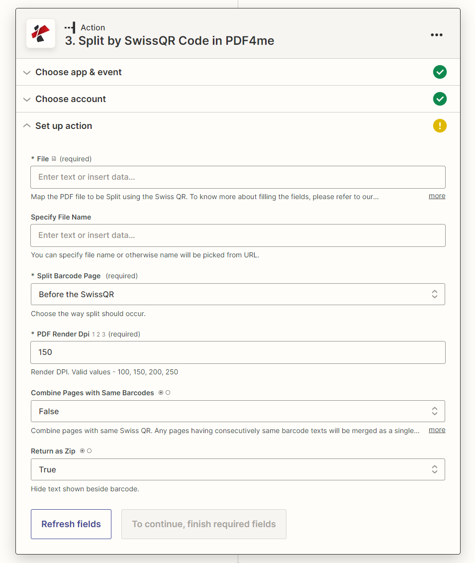 Ação de dividir PDF por Swiss QR no Zapier