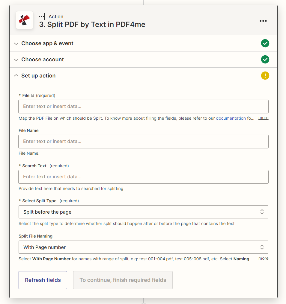 Ação de dividir PDF por texto no Zapier