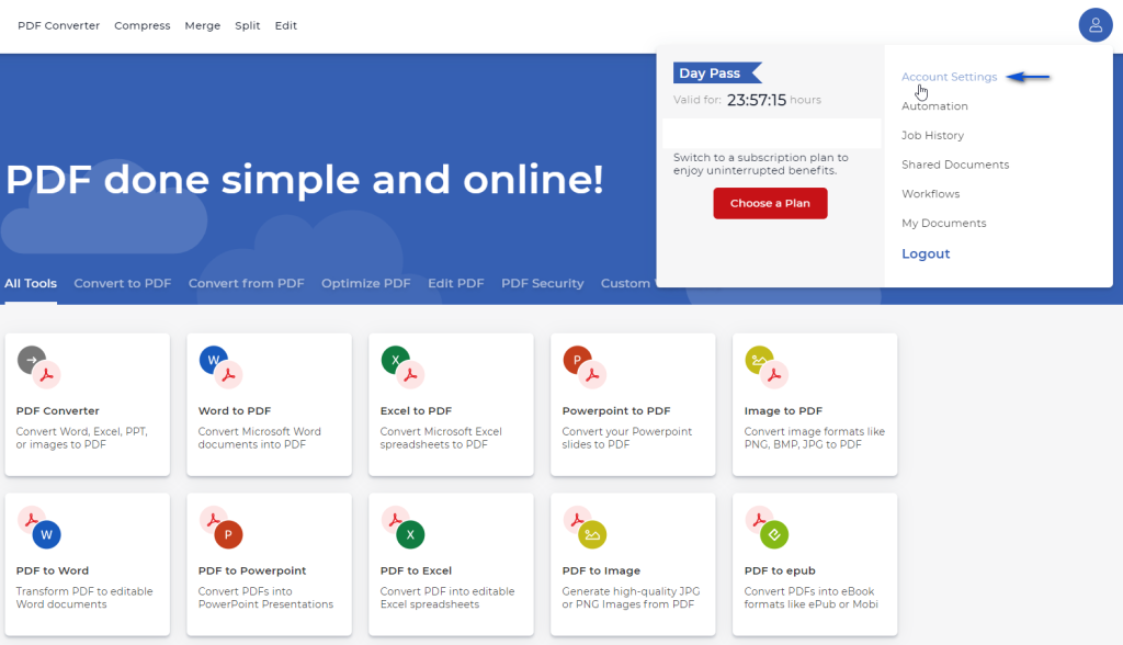 Andare alle impostazioni dell'account PDF4me